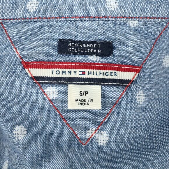 Tommy Hilfiger Top Womens Small Blue Polka Dot Boyfriend Fit Cotton Henley Shirt - Picture 3 of 13